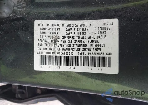 2014 Honda Accord Ex-L z USA, uszkodzony, nr VIN 1HGCR2F80EA222813